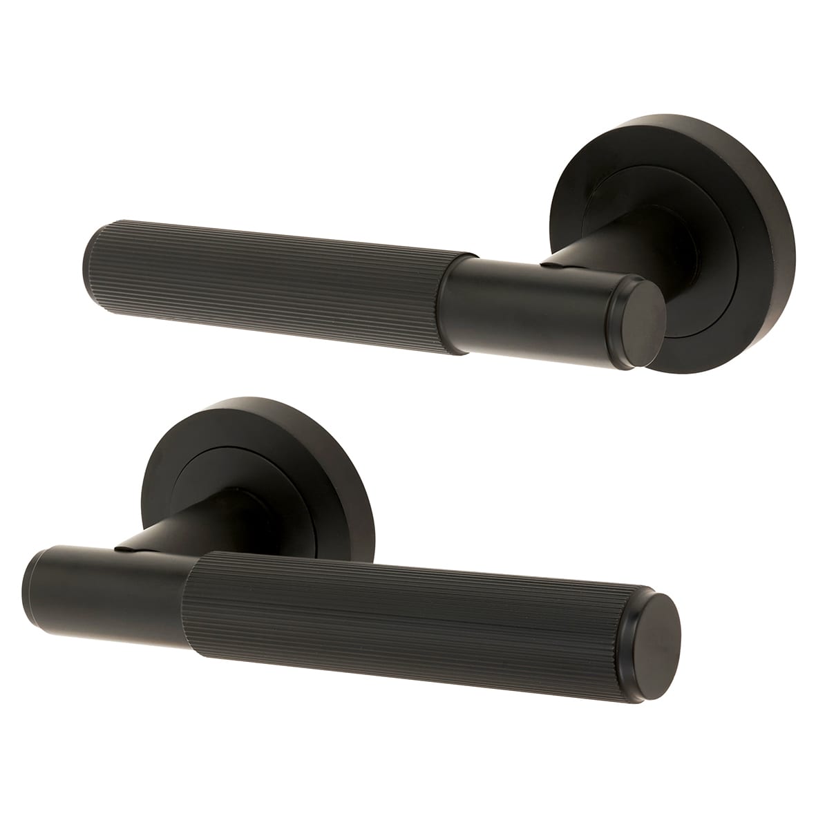Matt Black Lines Door Handles on Round Rose - Nova Range