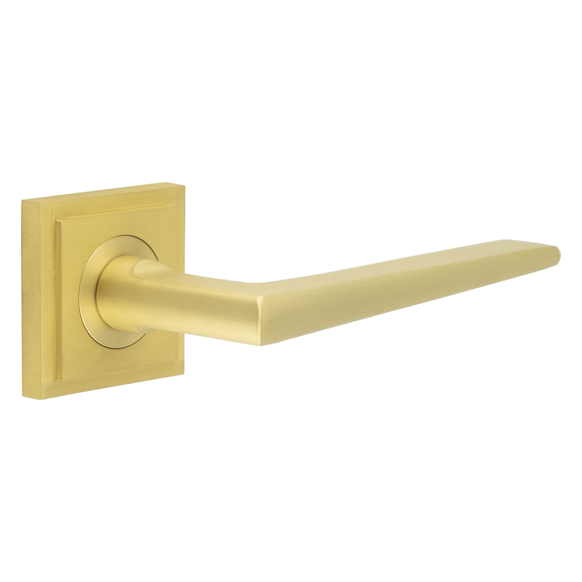 Satin Brass Fire Rated Door Handles on Square Stepped Rose - Mayfair Range