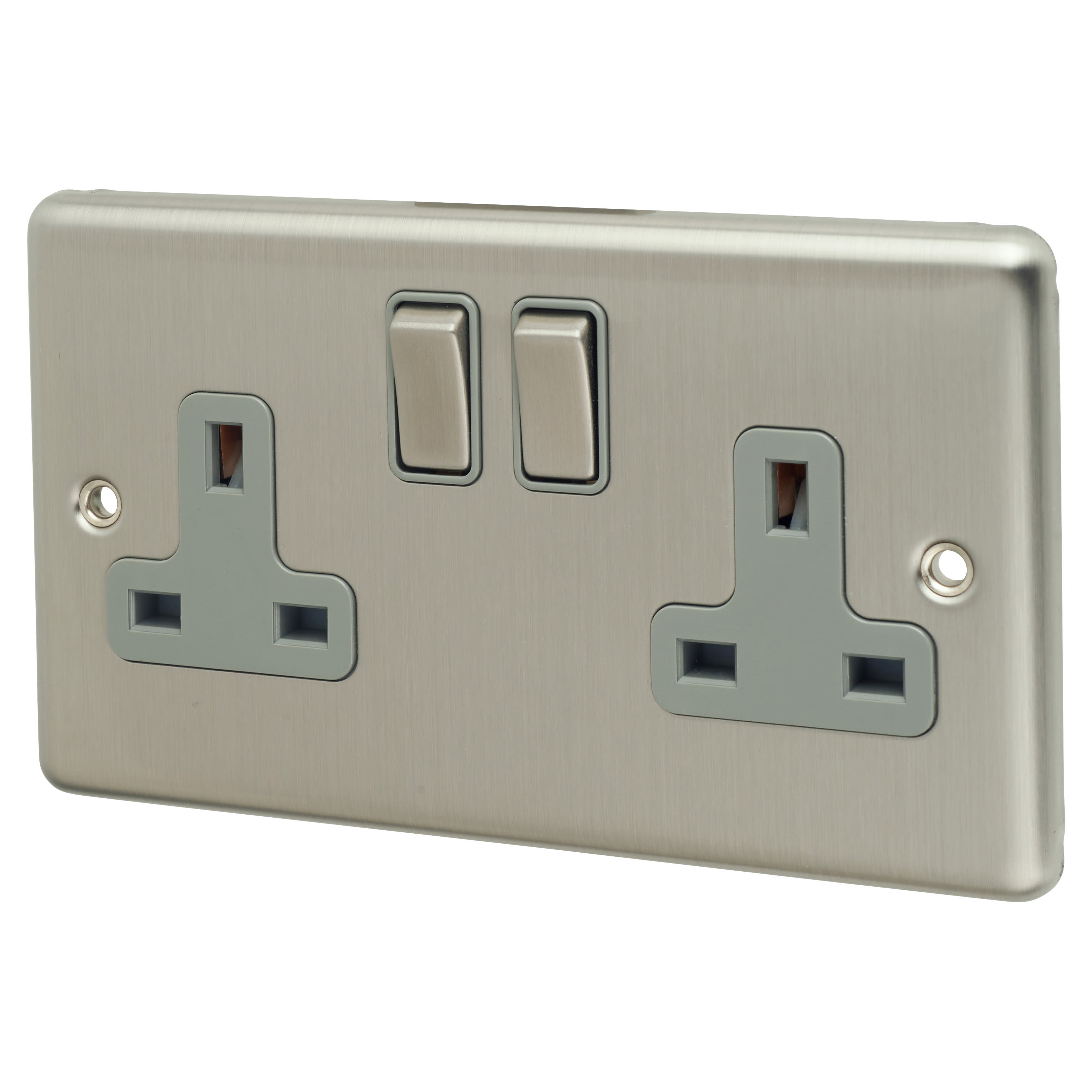 Enhance Decorative 13A 2 Gang Double Pole Switched Socket - Satin Steel with Grey Inserts