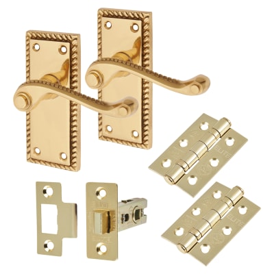 Polished Brass Georgian Rope Edge Scroll Latch Door Handles Pack - Short Plate