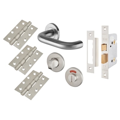 Satin Stainless Steel 19mm Return to Door Bathroom Lock Door Handles on Rose Pack