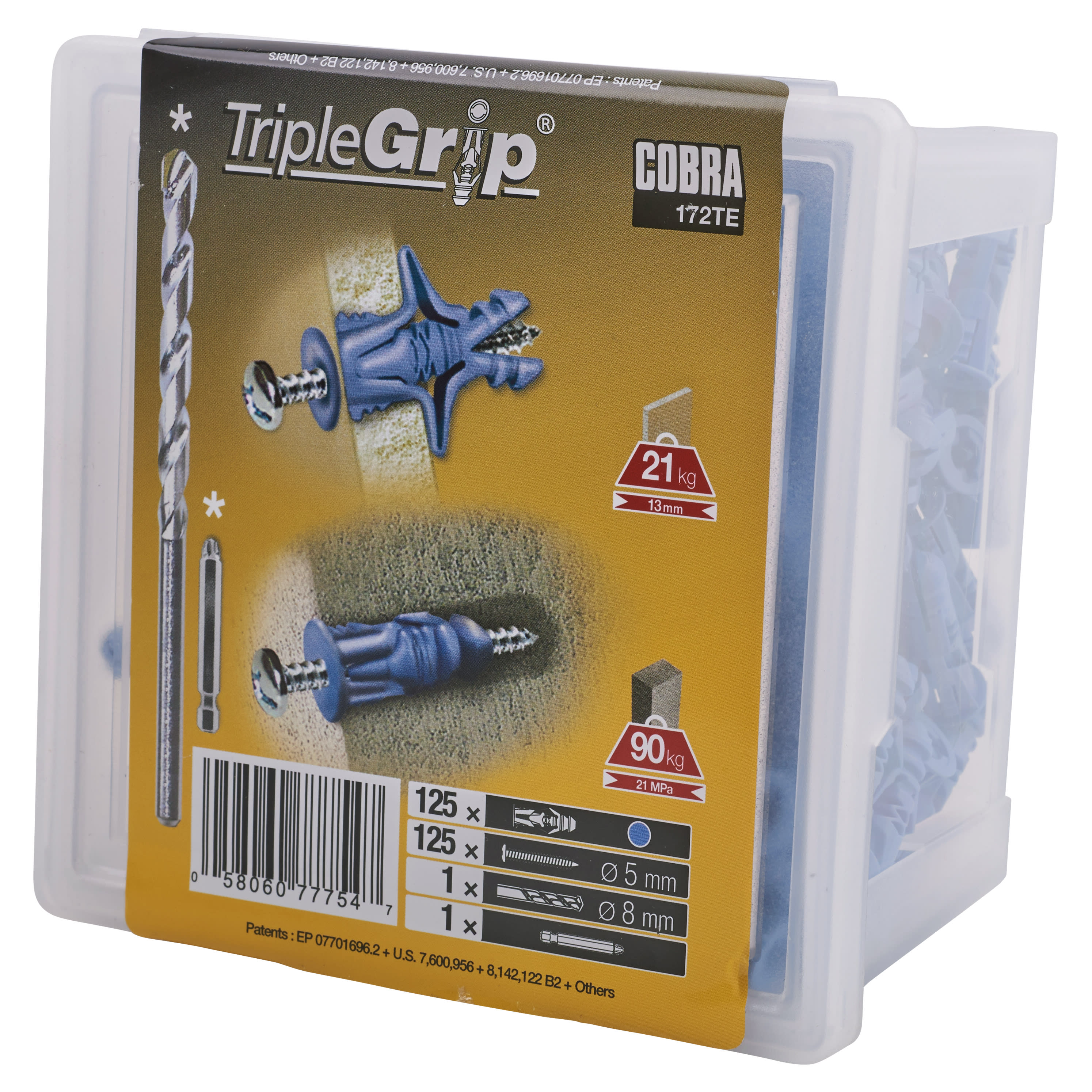 Triple Grip Universal Plasterboard & Masonry Wall Plug Fixing - 8 x 32mm - Blue - Pack of 125