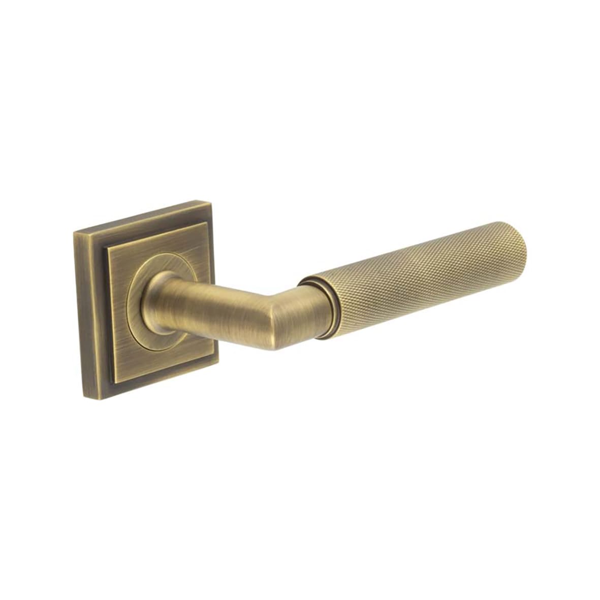 Antique Brass Knurled Fire Rated Door Handles on Square Stepped Rose - Piccadilly Range