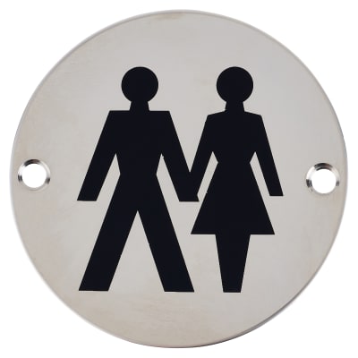 Unisex Toilet Door Sign - 75mm Diameter - Polished Stainless Steel