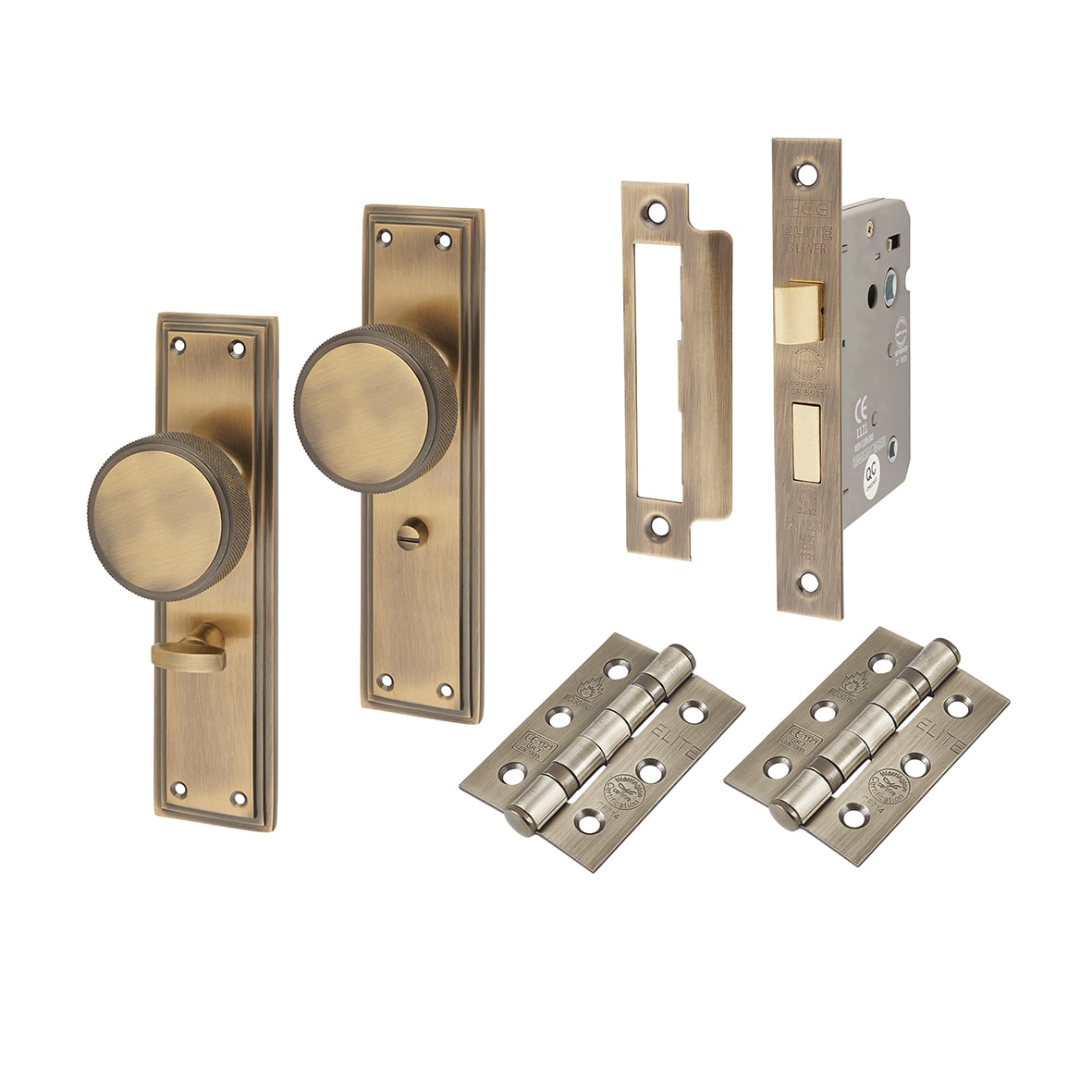 Antique Brass Knurled Bathroom Mortice Door Knobs on Backplate Pack - Miller Range - 205 x 52mm