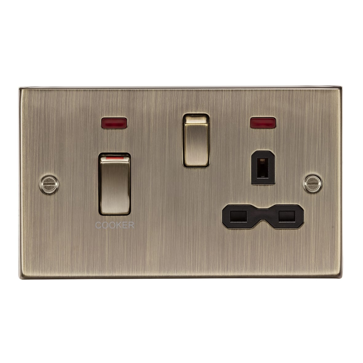 45A Square Edge DP Cooker Switch & 13A Socket & Neons - Antique Brass & Black Insert