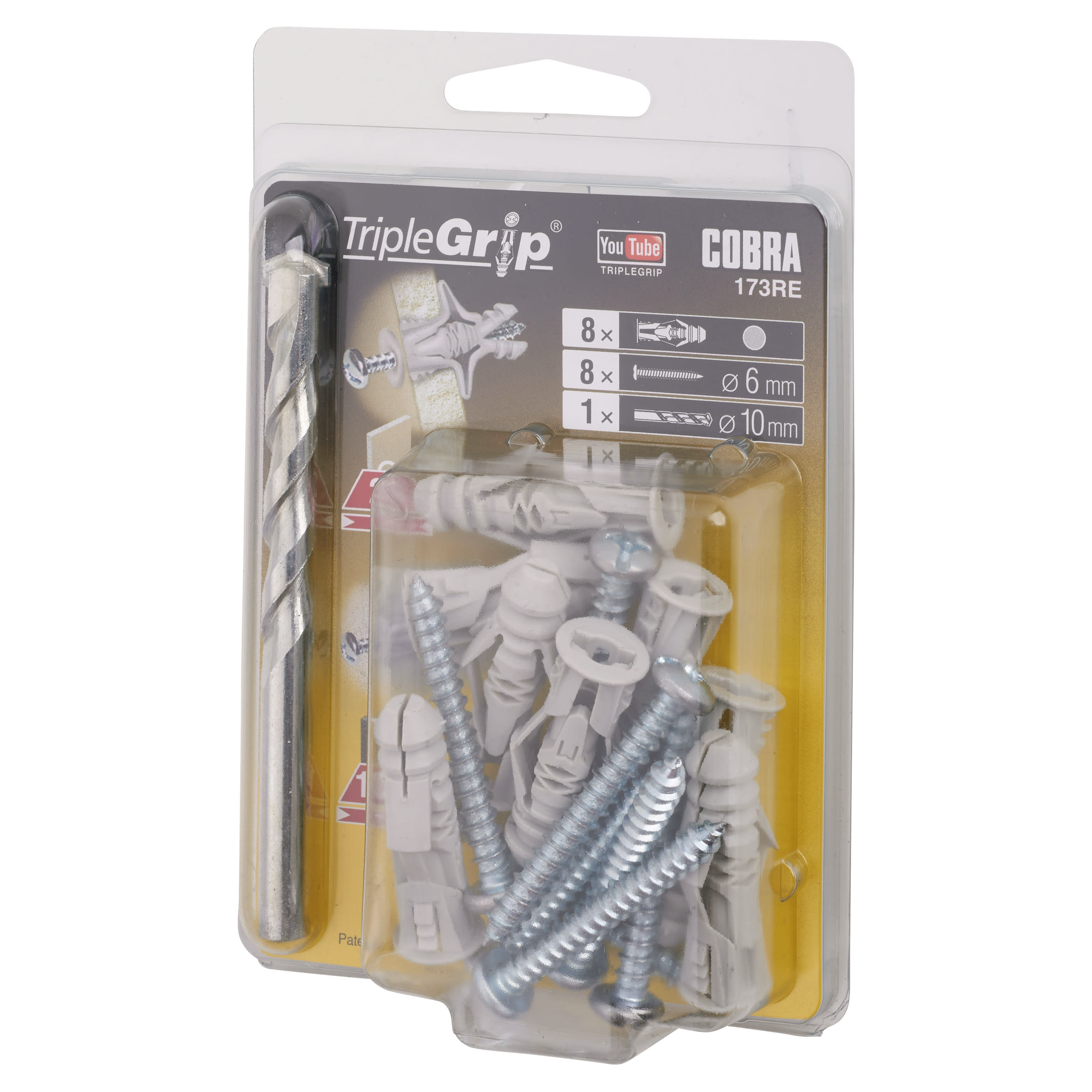 Triple Grip Universal Plasterboard & Masonry Wall Plug Fixing - 10 x 47mm - Grey - Pack of 8