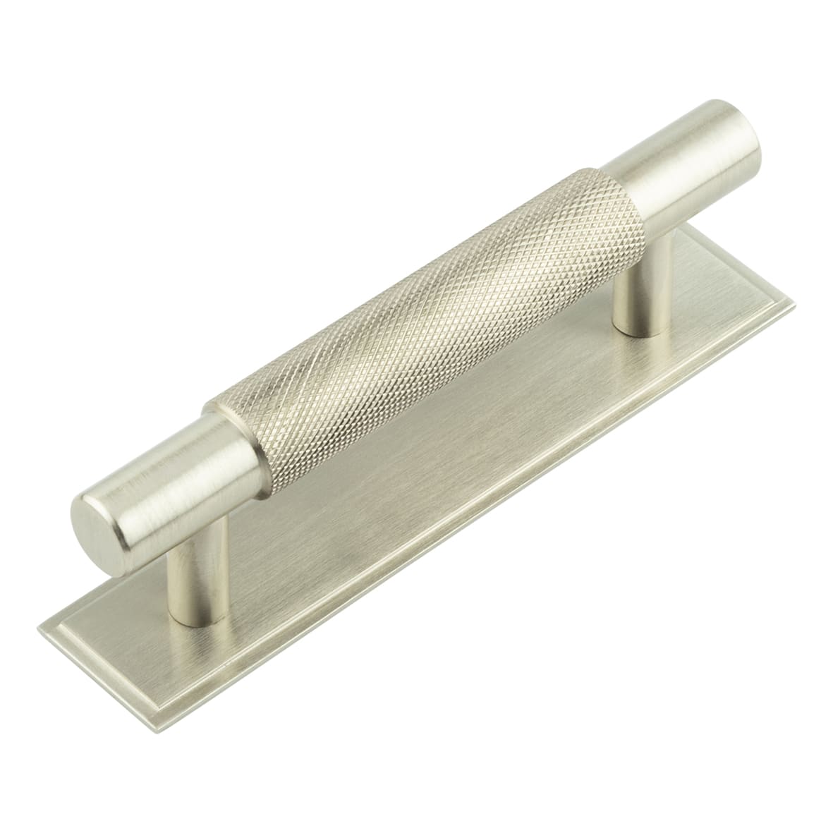 Taplow 18mm Knurled T-Bar Cabinet Pull Handle on Stepped Backplate - 96mm c/c - Satin Nickel 104661P