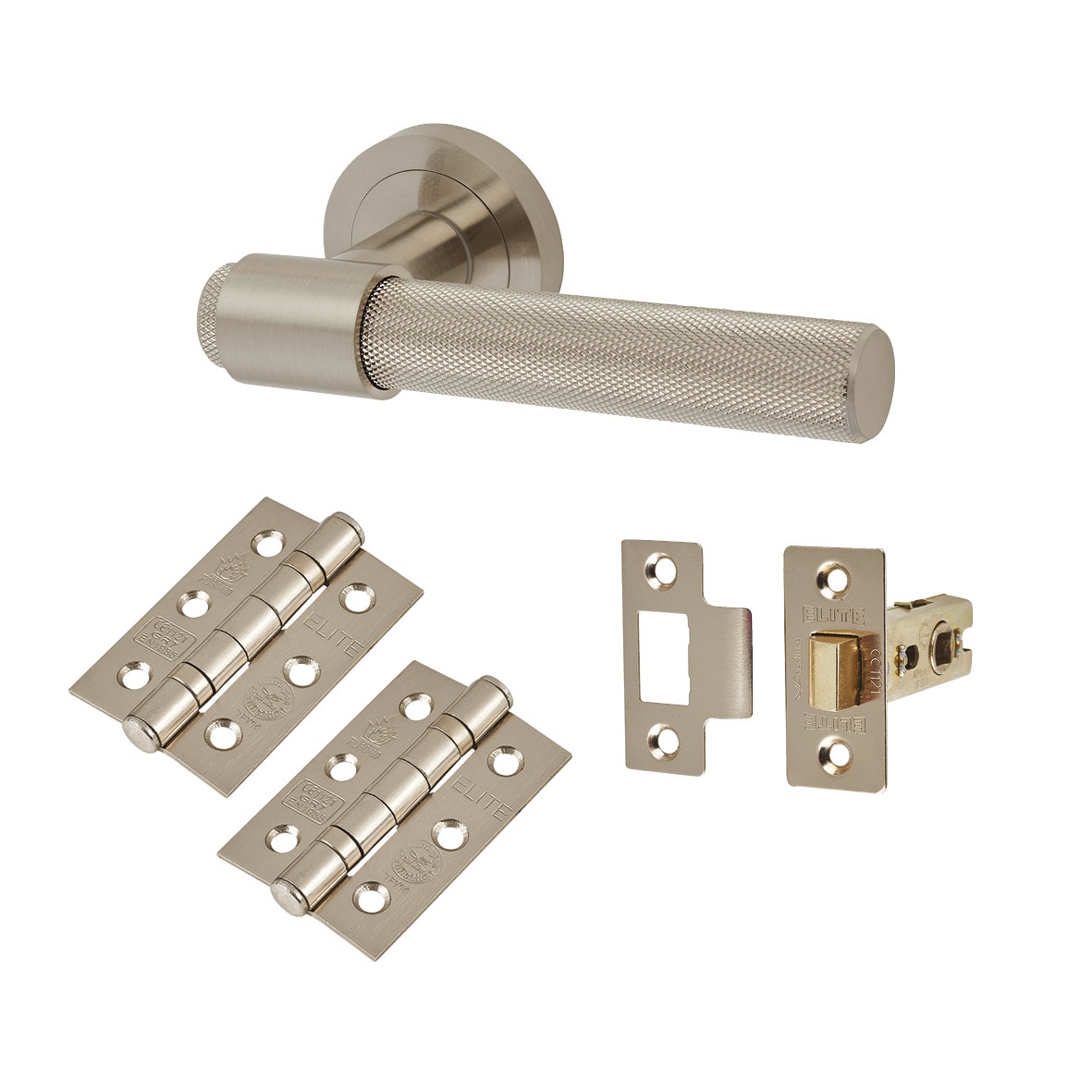 Satin Nickel Knurled Latch Door Handles on Rose Pack - Esme Range