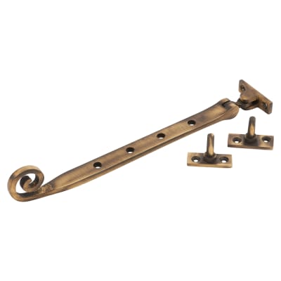 Cast Open Curl Casement Window Stay - 10"/250mm Length - Antique Brass