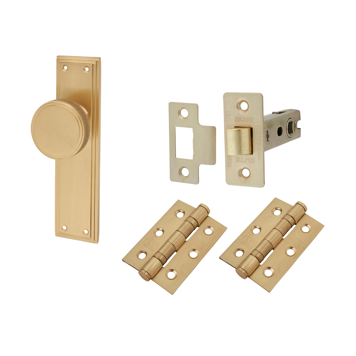 Satin Brass Knurled Mortice Door Knobs on Backplate Pack - Miller Range - 205 x 52mm