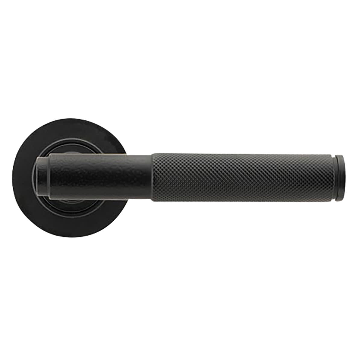 Matt Black Knurled Door Handles on Round Rose - Brompton Range