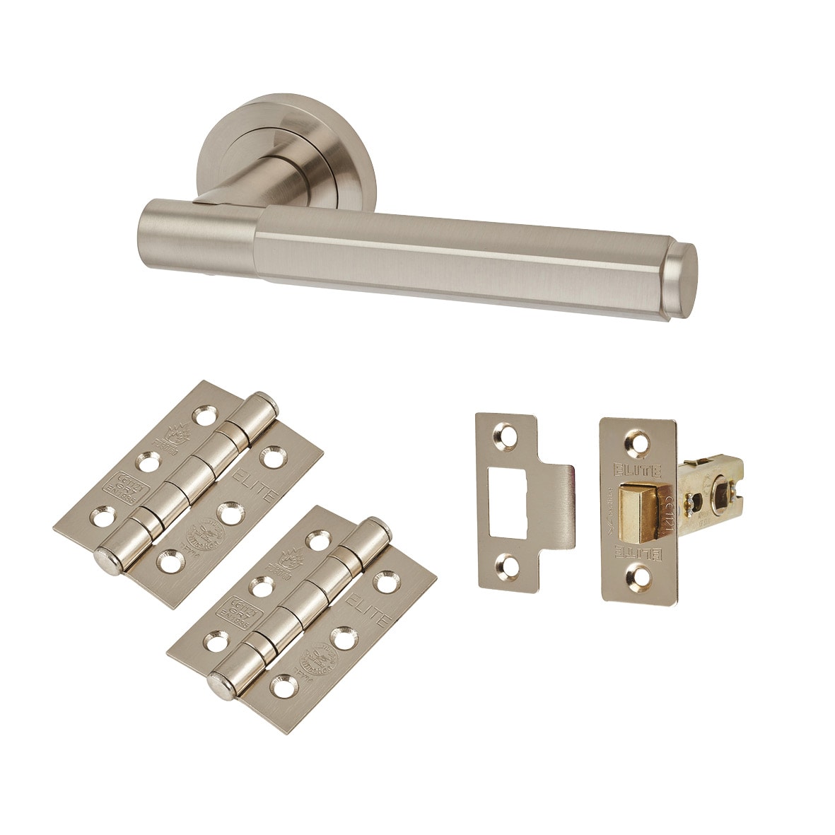 Satin Nickel Hexagonal Latch Door Handles on Rose Pack - Juno Range