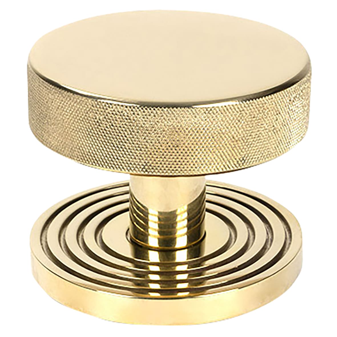 Brompton Polished Brass Round Knurled Centre Door Knob on Beehive Rose - 90mm Rose Diameter
