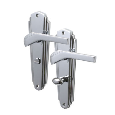 Marcus Polished Chrome Art Deco Bathroom Door Handles - Waldorf Range - 203 x 66mm