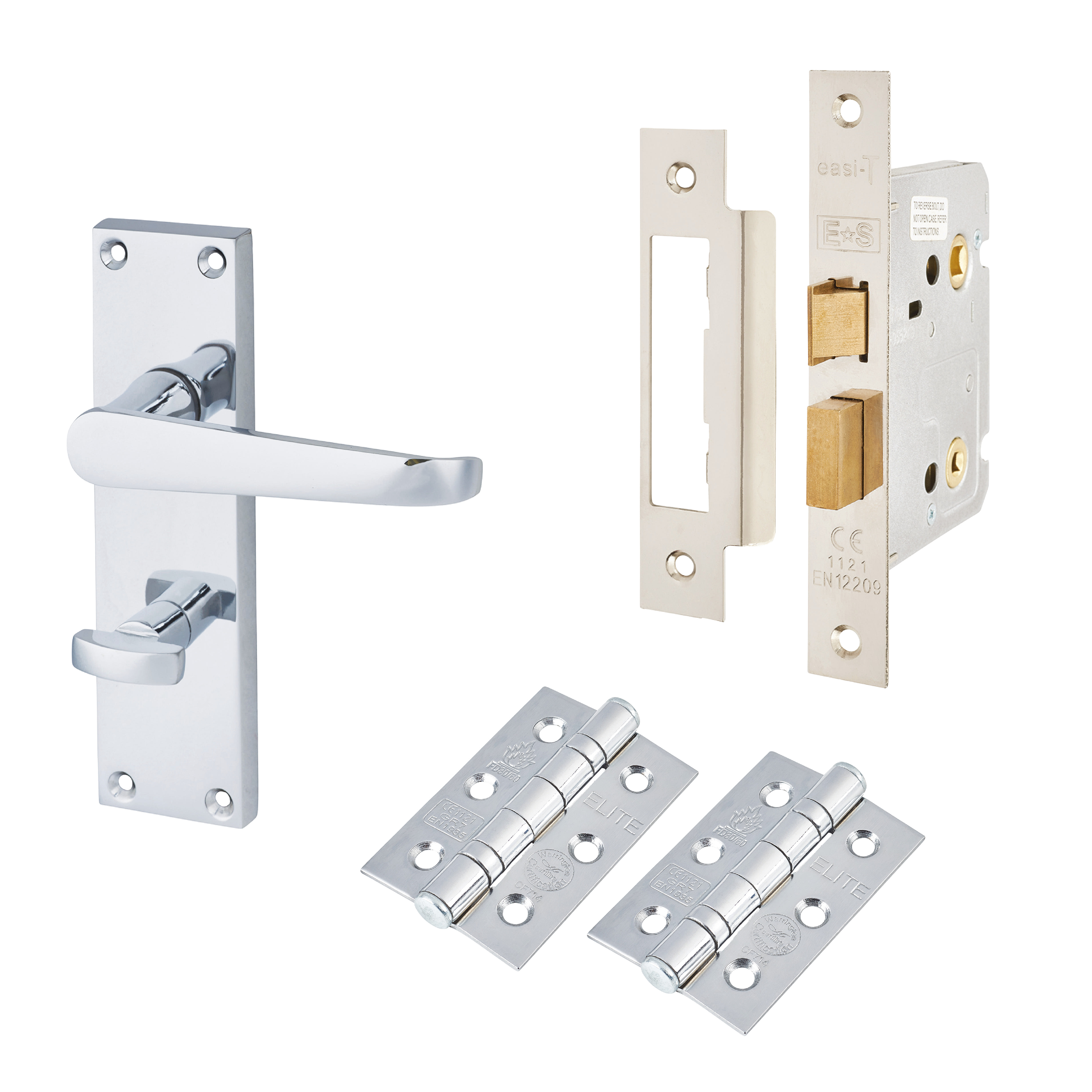Polished Chrome Budget Straight Bathroom Lock Door Handles Pack - Mia Range