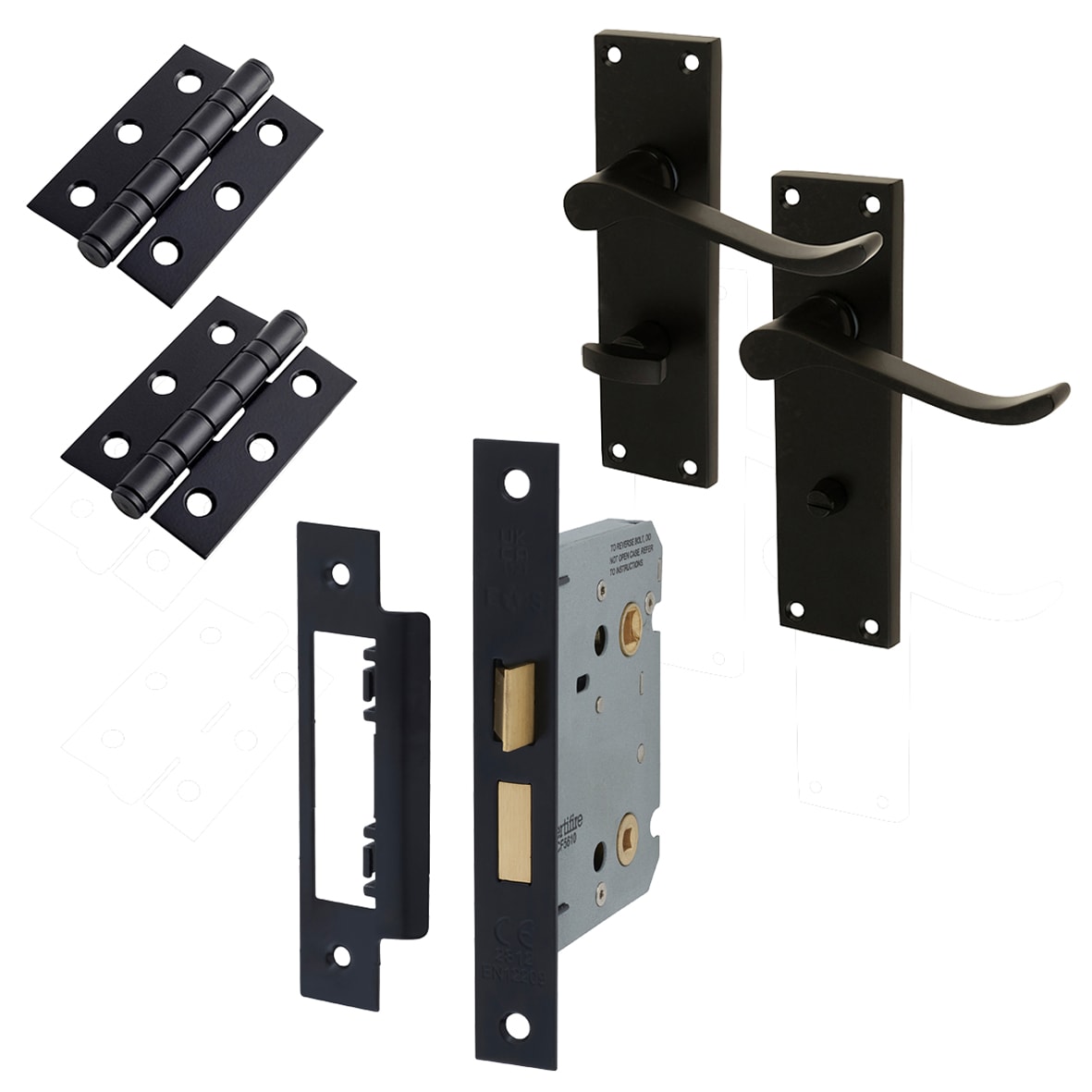 Matt Black Budget Scroll Bathroom Lock Door Handles Pack