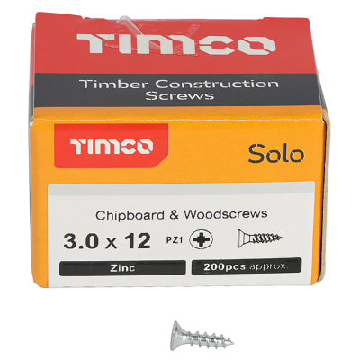 Solo Chippy Pozi Countersunk Wood Screws - 3.0 x 12mm - Zinc Plated - Pack of 200