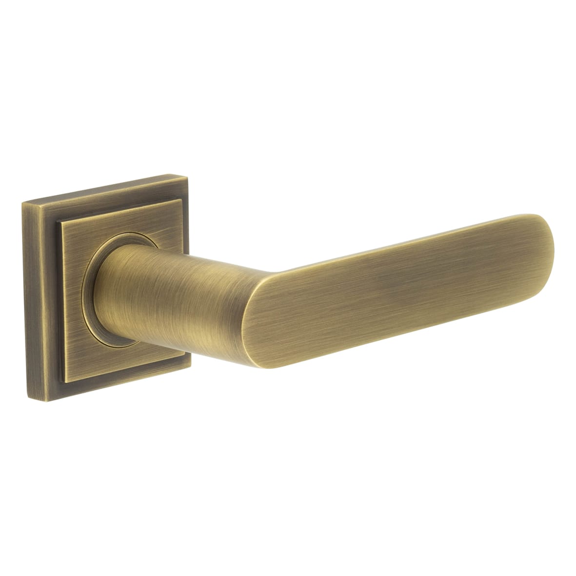 Antique Brass Fire Rated Door Handles on Square Stepped Rose - Kensington Range
