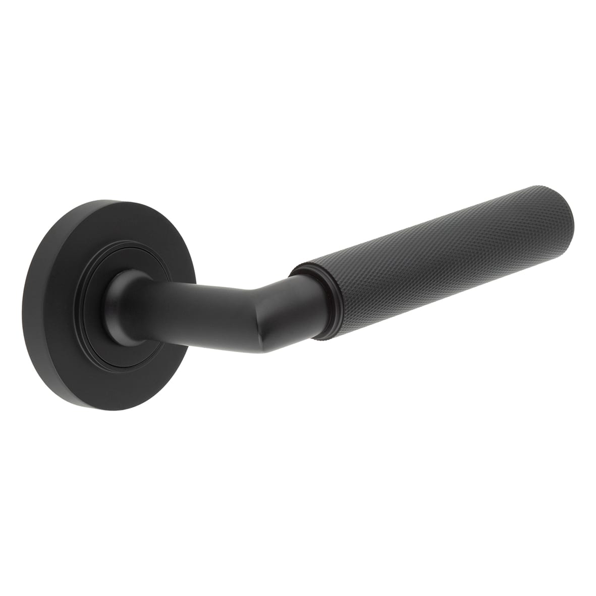 Matt Black Knurled Fire Rated Door Handles on Round Rose - Piccadilly Range