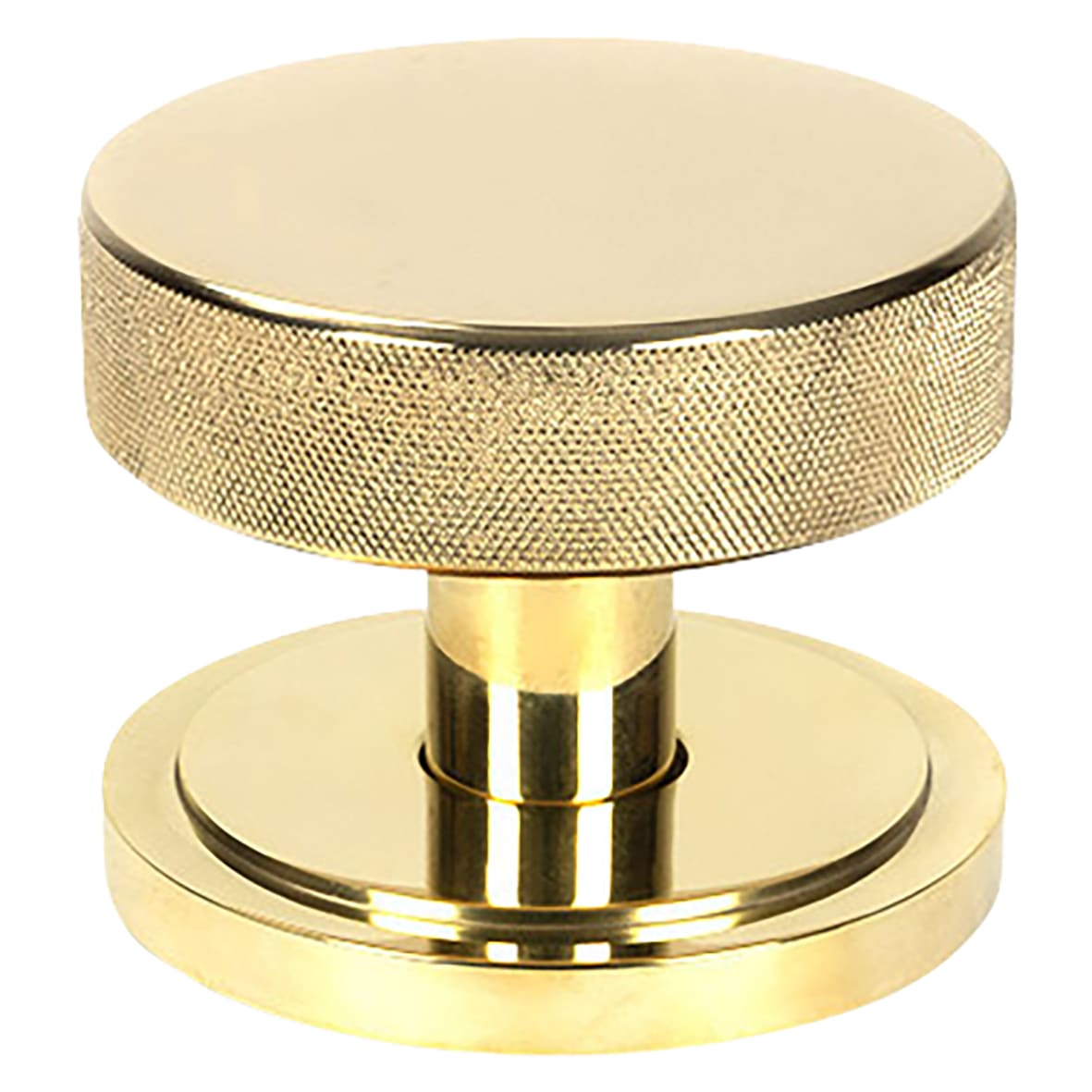 Brompton Polished Brass Round Knurled Centre Door Knob on Art Deco Rose - 90mm Rose Diameter