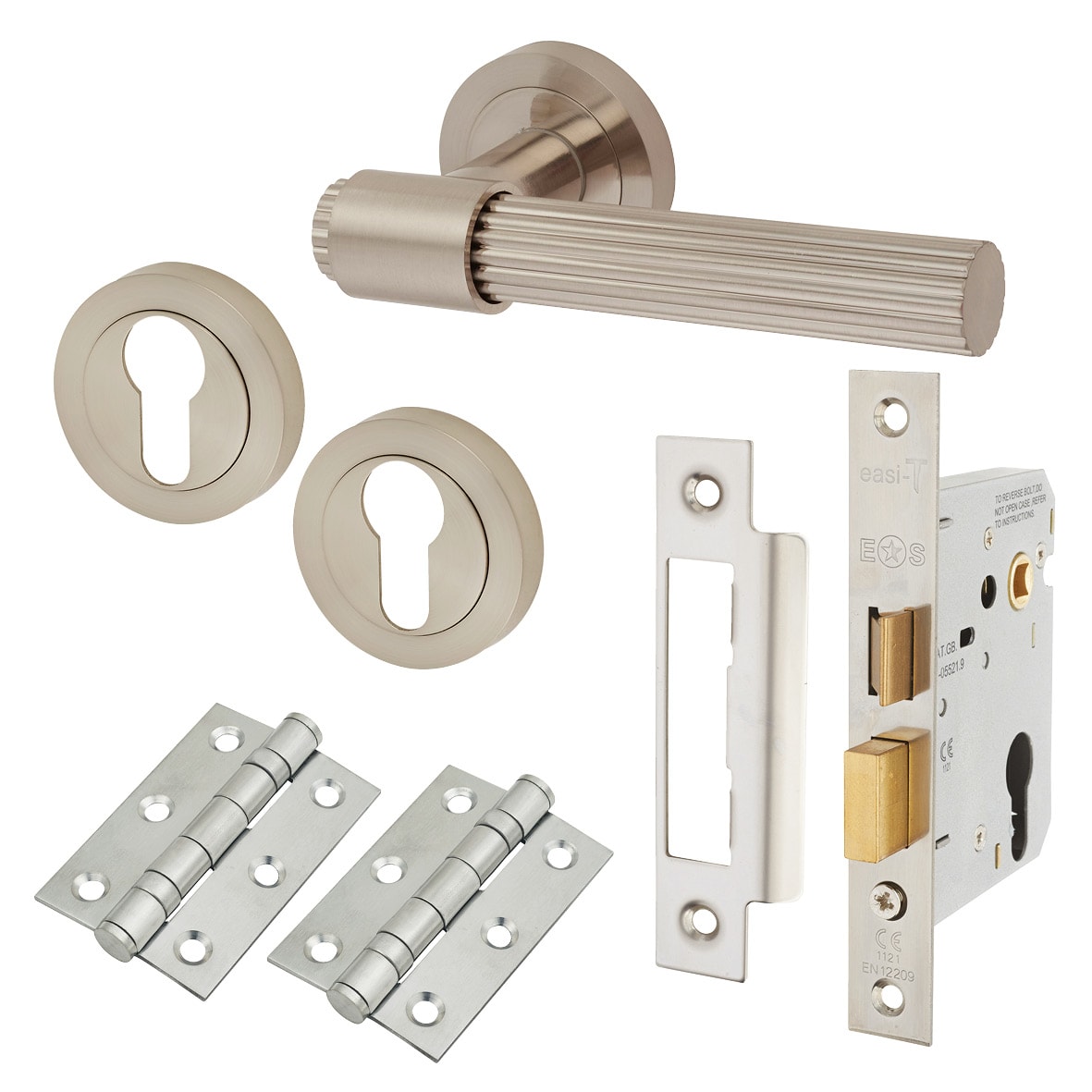 Satin Nickel Lines Euro Lock Door Handles on Rose Pack - Eva Range