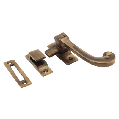 Cast Solid Curl Mortice & Hook Plate Casement Window Fastener - Reversible - Antique Brass