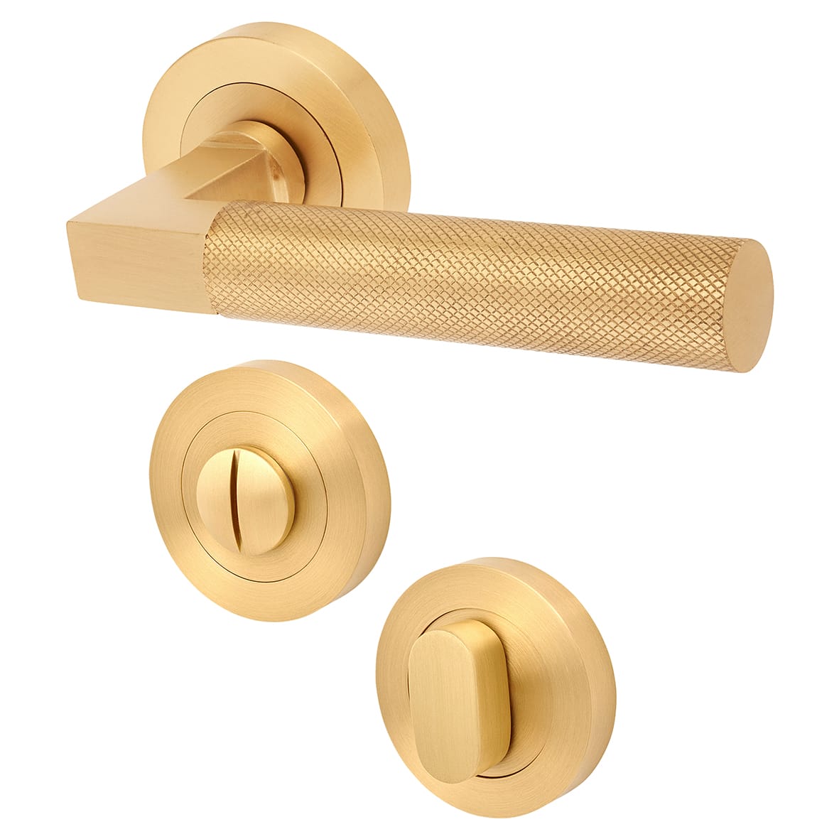 Satin Solid Brass Knurled Door Handles on Rose with Turn & Release