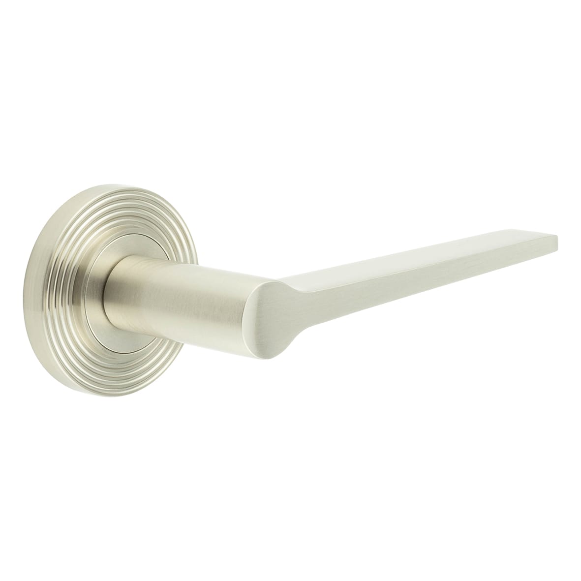 Satin Nickel Fire Rated Door Handles on Round Reeded Rose - Knightsbridge Range