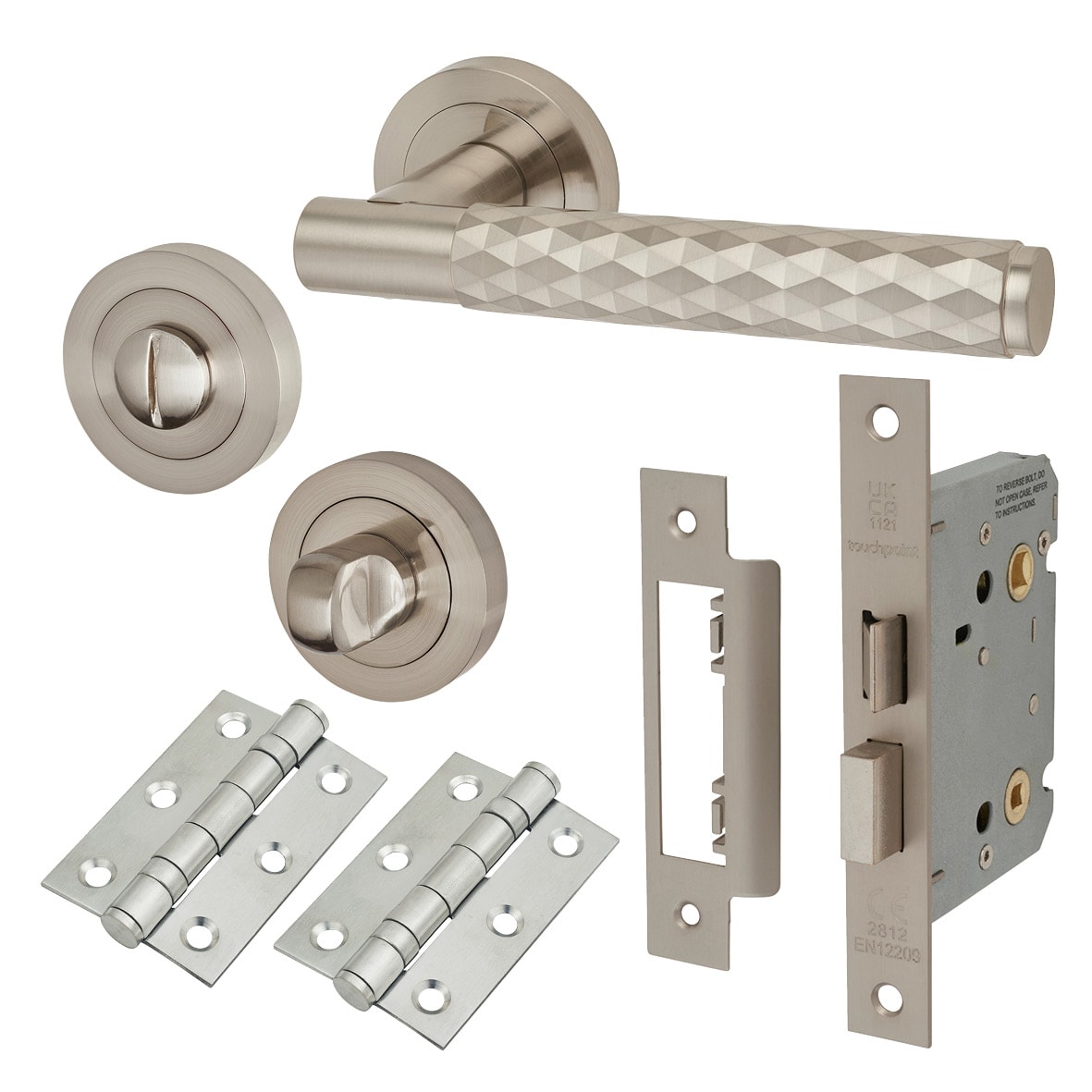 Satin Nickel Diamond Bathroom Lock Door Handles on Rose Pack - Luna Range