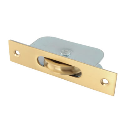 Square Axle Sash Window Pulley - 44mm Curved Metal Wheel - Satin Brass