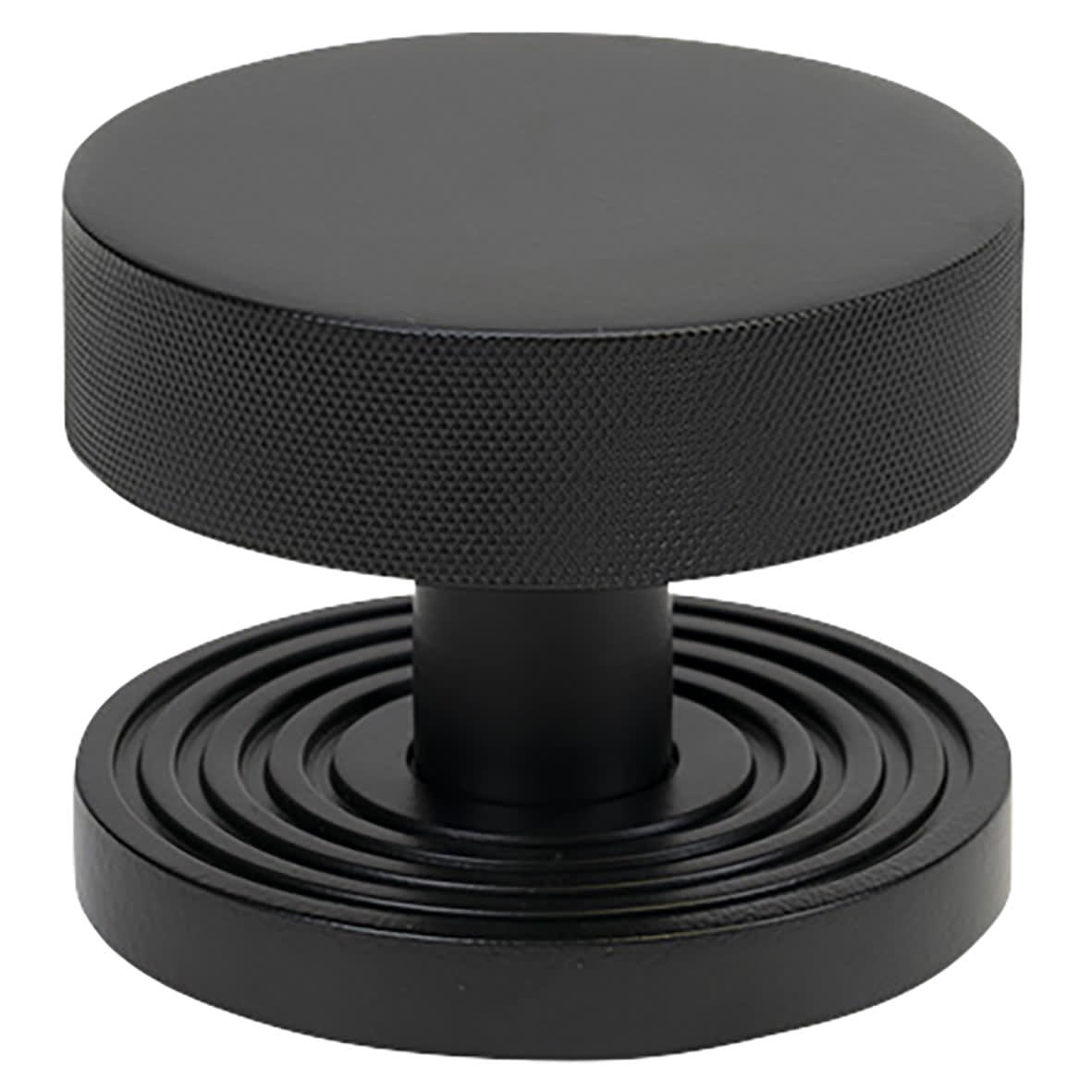 Brompton Matt Black Round Knurled Centre Door Knob on Beehive Rose - 90mm Rose Diameter