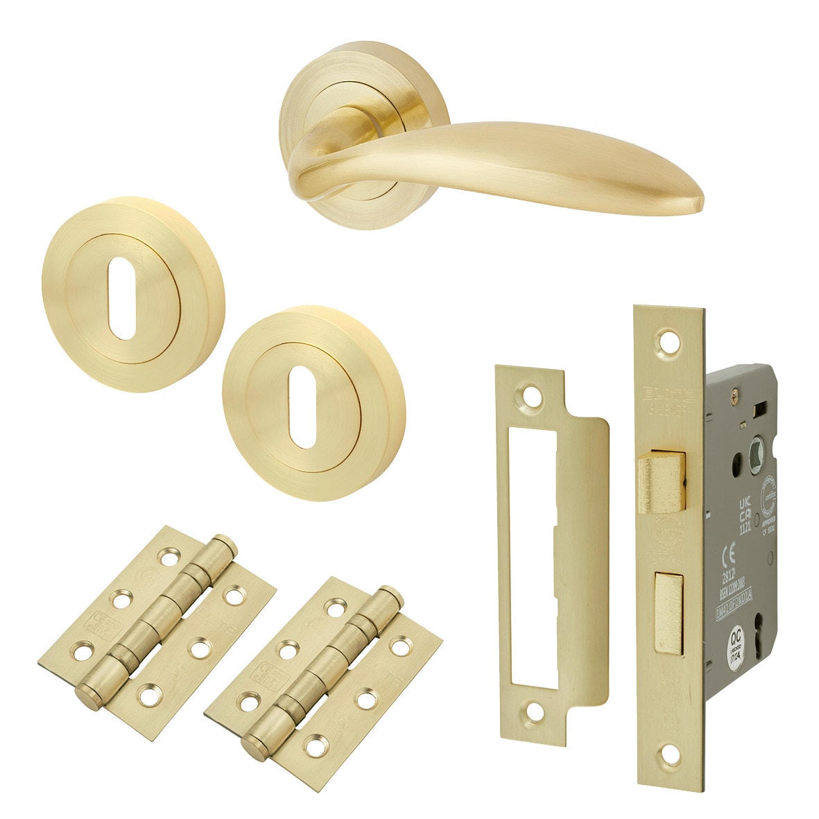 Satin Brass 3 Lever Sashlock Door Handles on Rose Pack - Morgan Range
