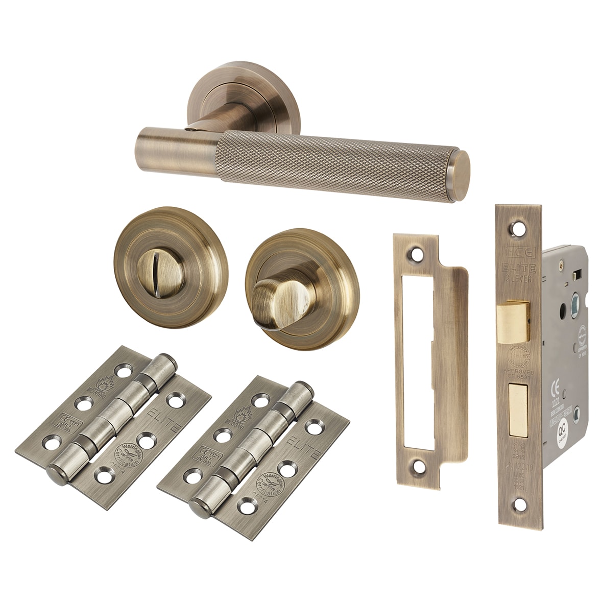Antique Brass Knurled Bathroom Lock Door Handles Pack - Remi Range