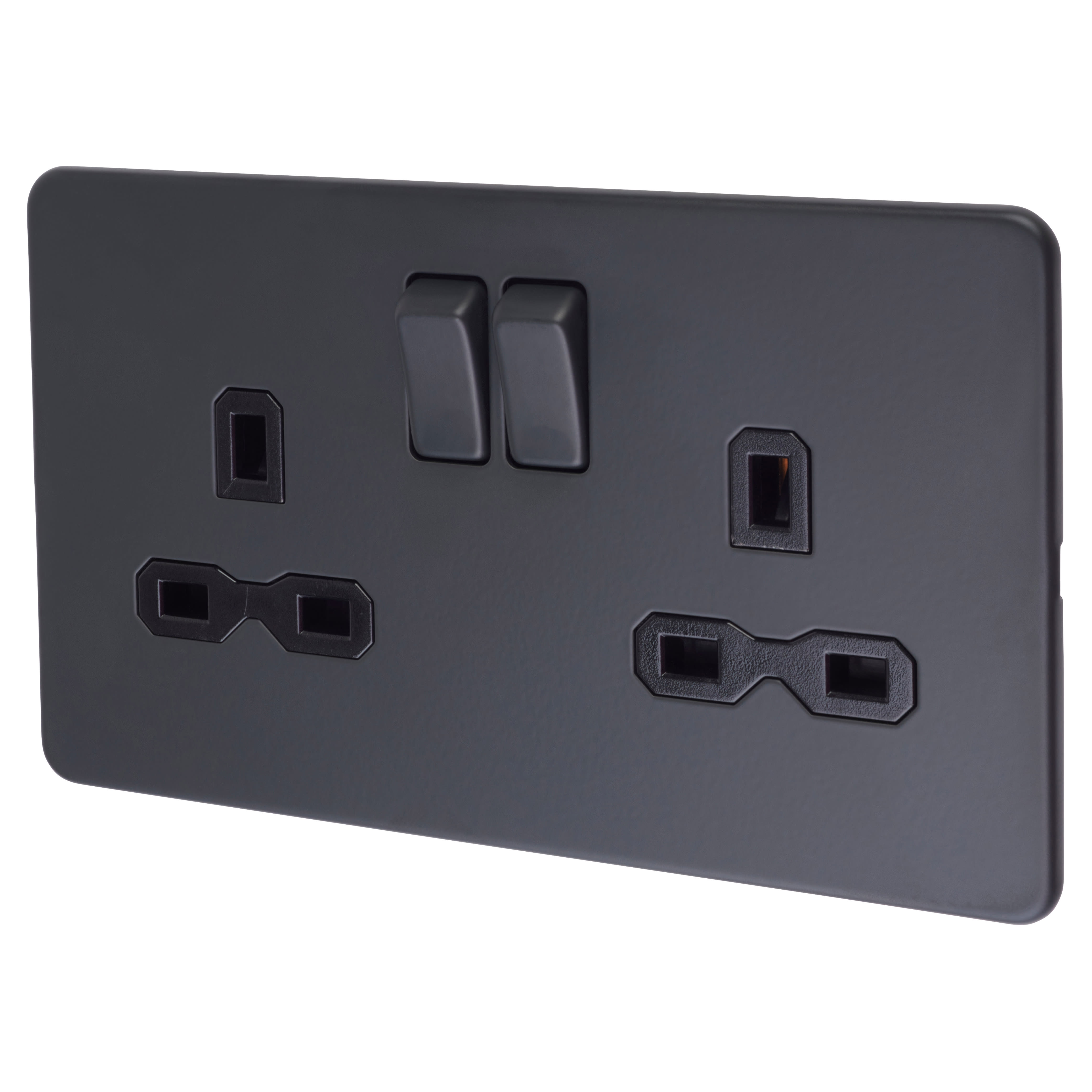 13A 2 Gang Screwless Flat Plate Switched DP Socket - Anthracite Grey/Black Inserts