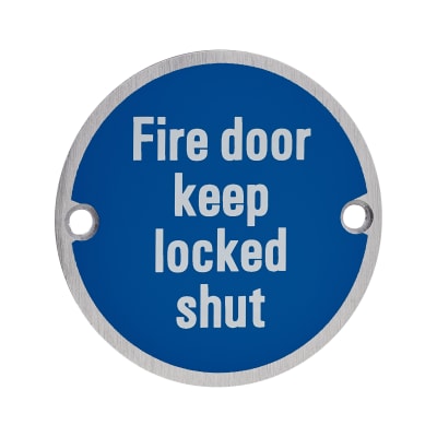 Fire Door Keep Locked Shut Door Sign - 75mm Diameter - Satin Aluminium