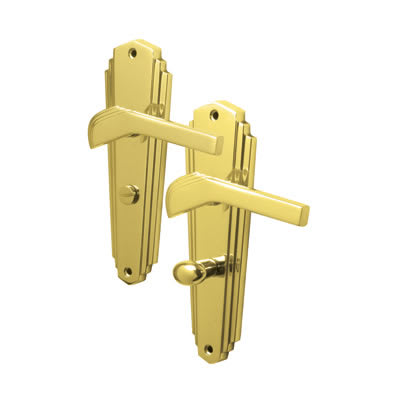 Marcus Polished Brass Art Deco Bathroom Door Handles - Waldorf Range - 203 x 66mm