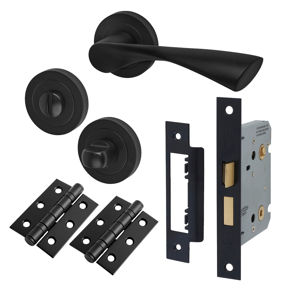 Matt Black Bathroom Lock Door Handles on Rose Pack - Knightsbridge Range