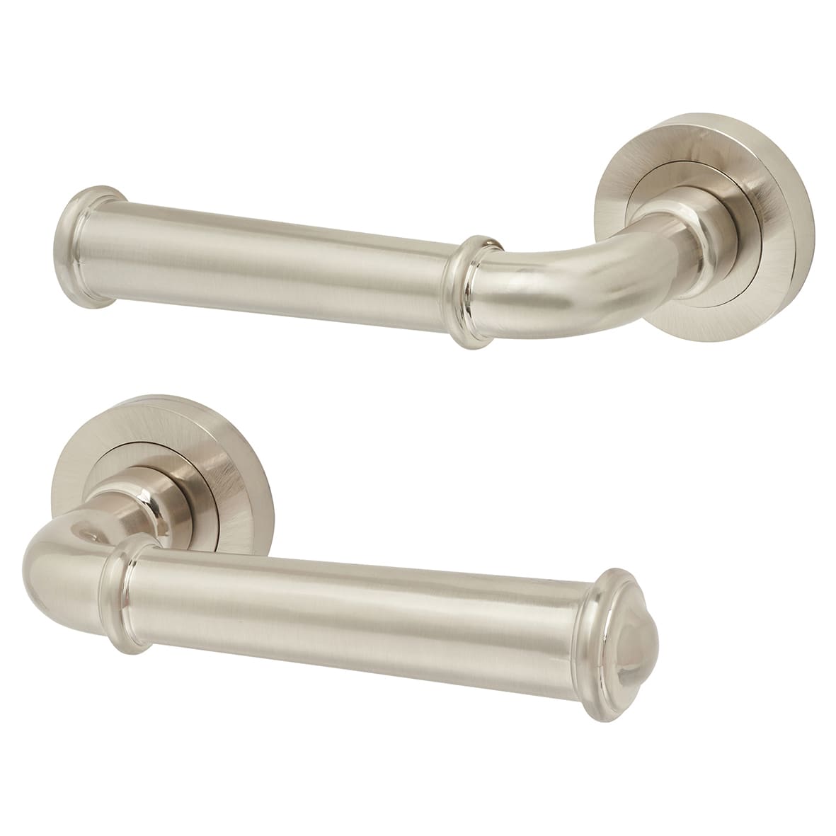 Satin Nickel Fire Rated Door Handles on Round Rose - Classic Range