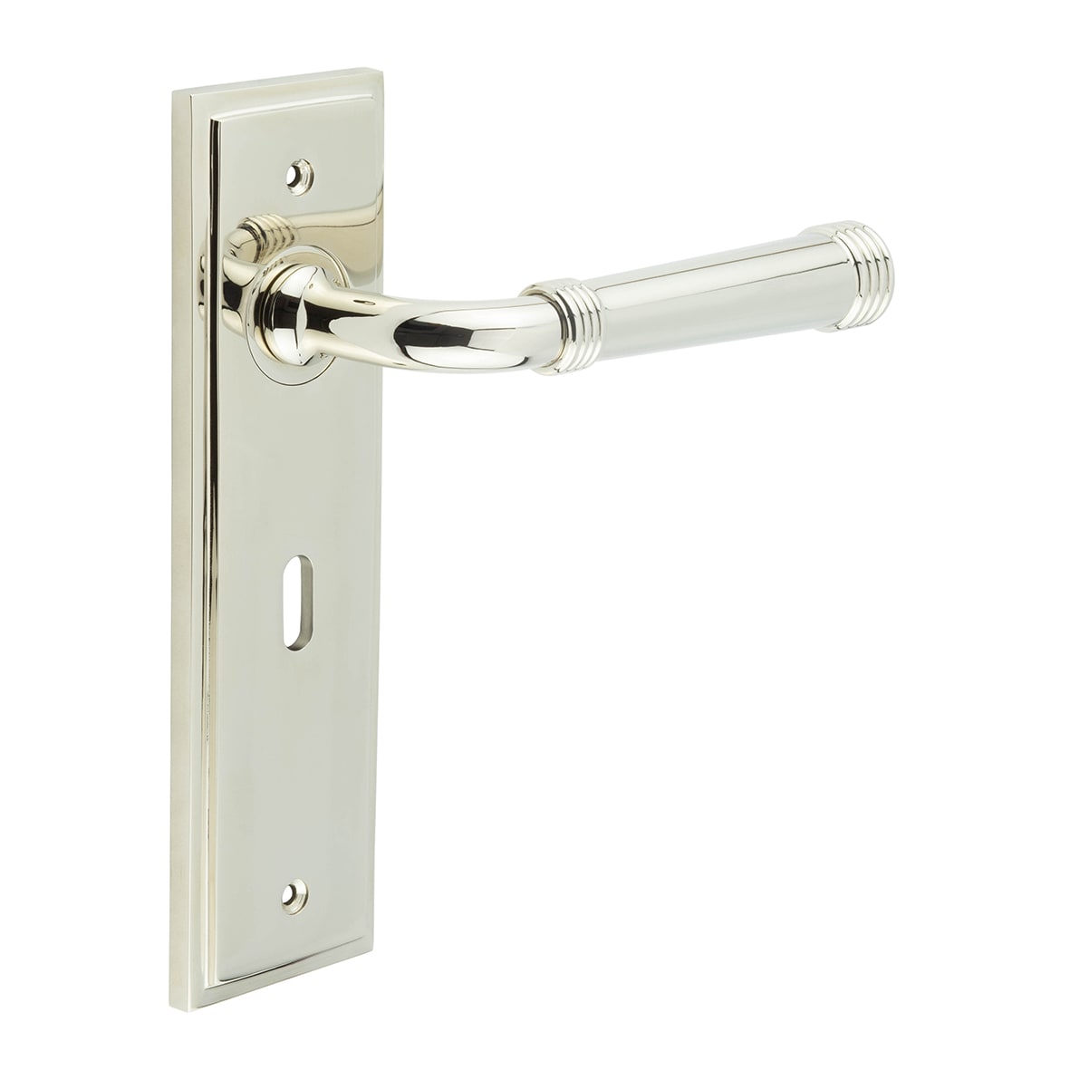 Polished Nickel Fire Rated Keyhole Lock Door Handles - Highgate - 200 x 55mm