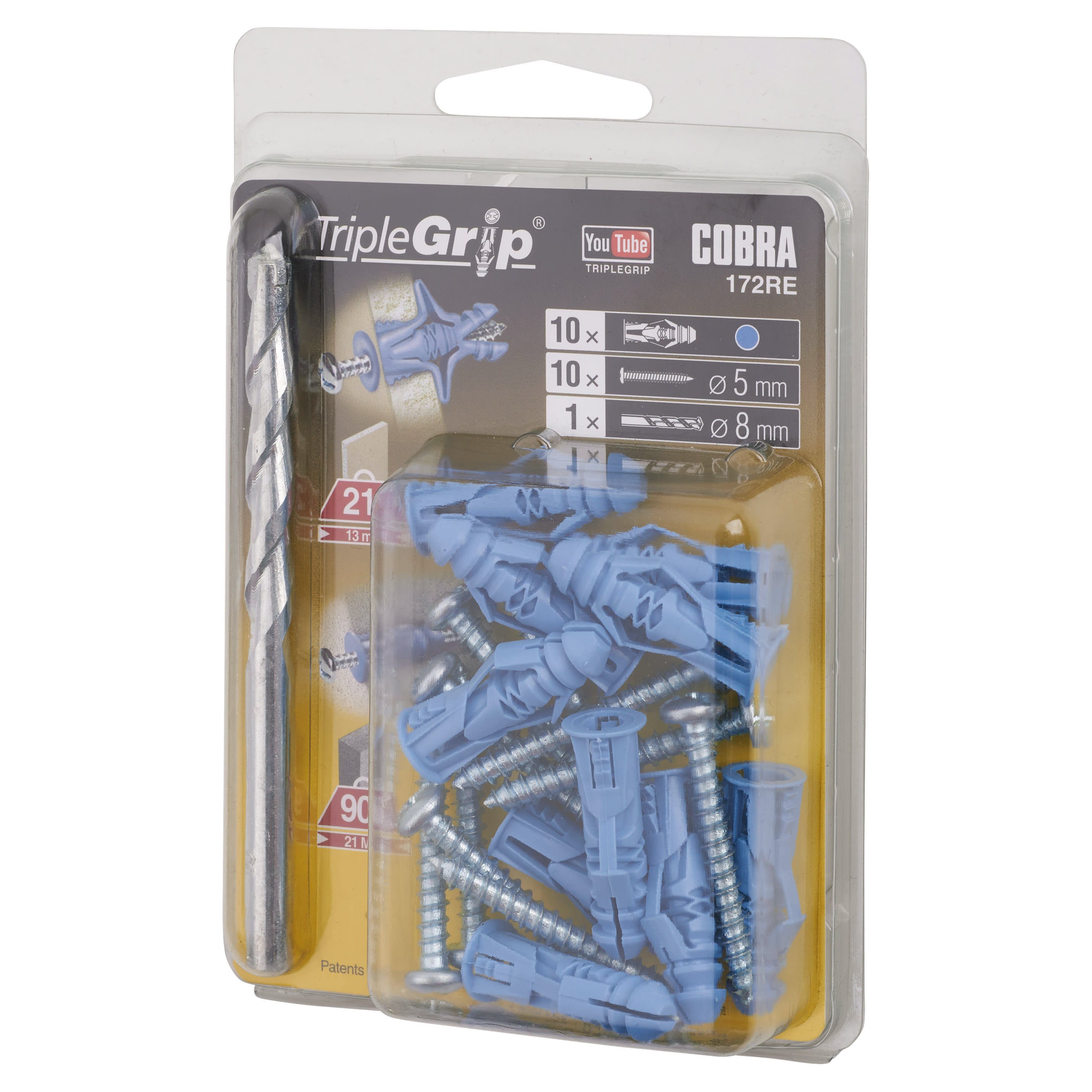 Triple Grip Universal Plasterboard & Masonry Wall Plug Fixing - 8 x 32mm - Blue - Pack of 10