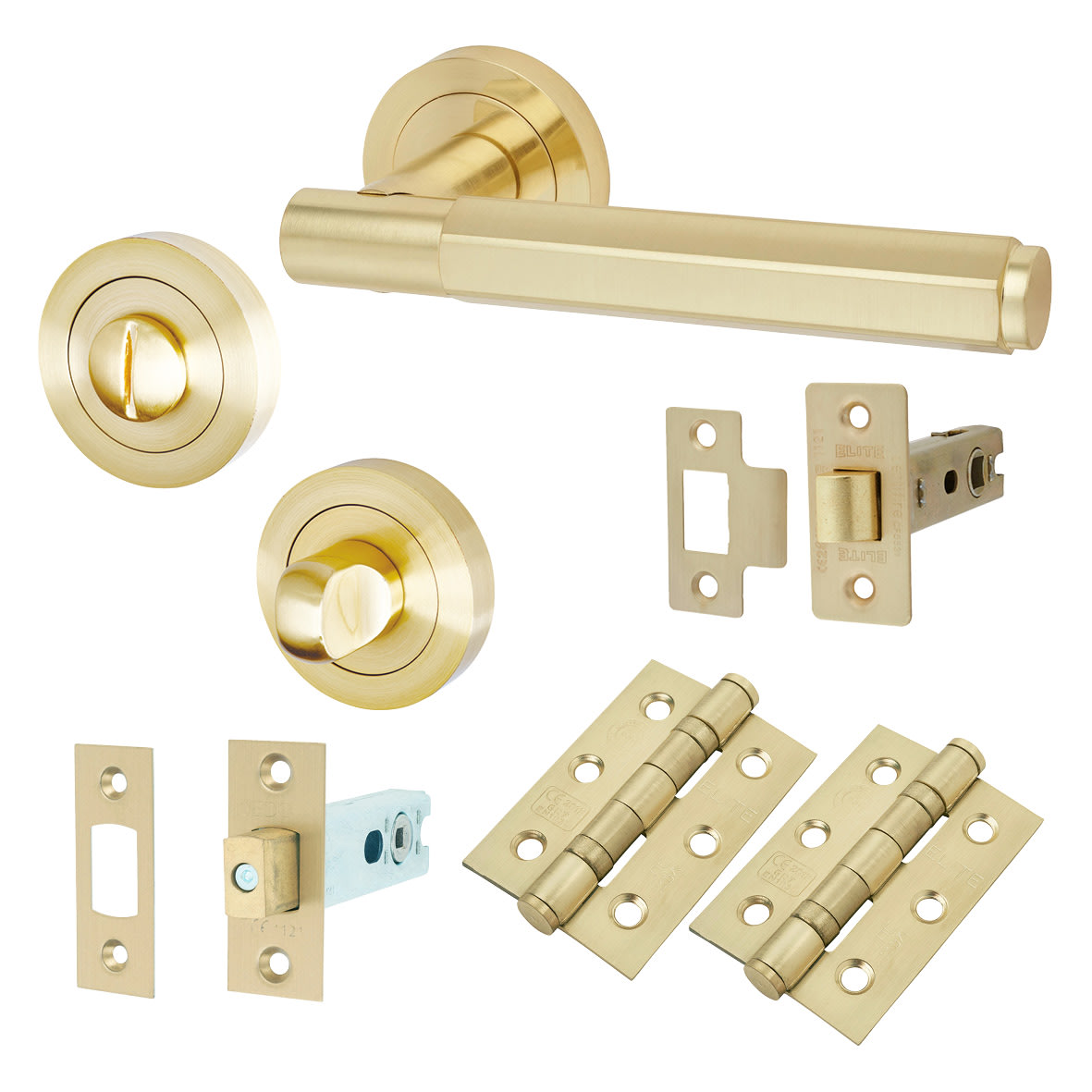 Satin Brass Hexagonal Bathroom Deadbolt Lock Door Handles on Rose Pack - Juno Range