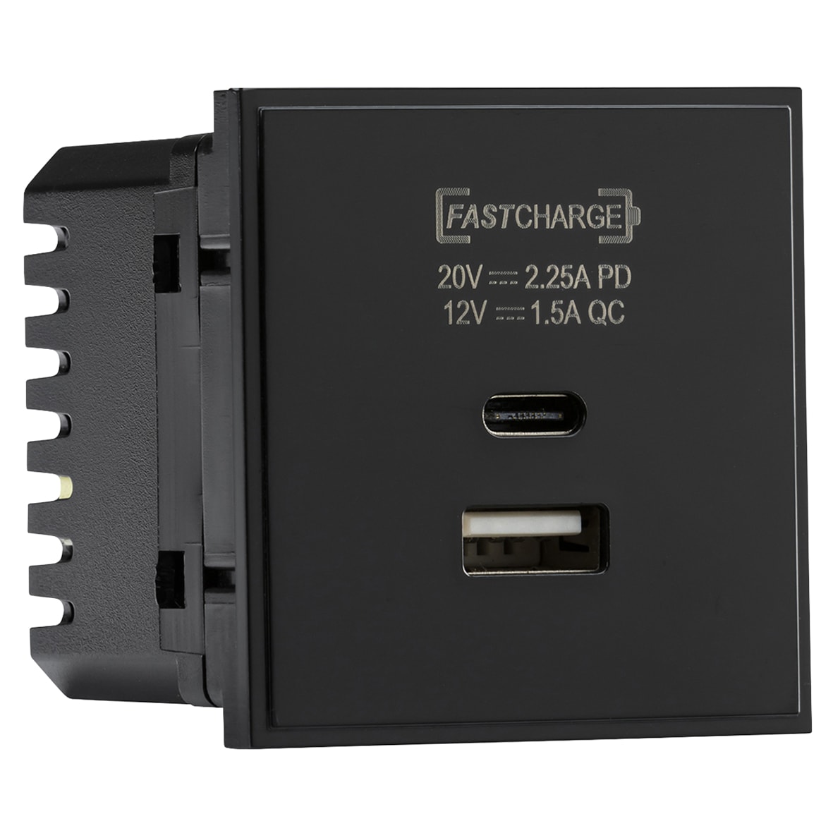 1 Gang Type A/C USB Charger Euro Module - 2.25A - Black