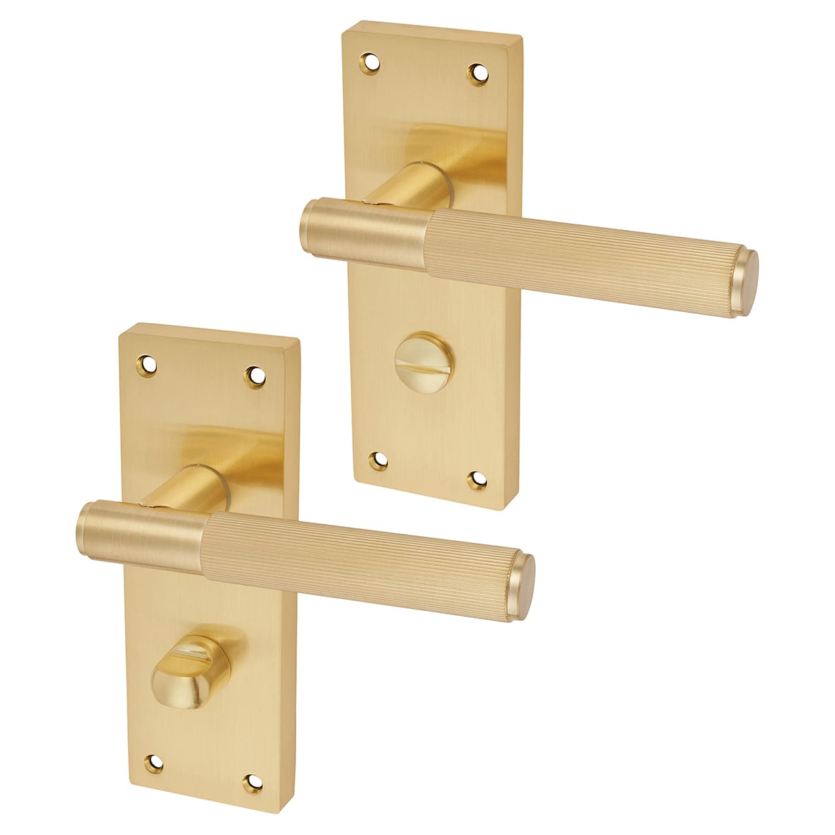 Satin Brass Lines Bathroom Door Handles - Nova Range - 155 x 55mm