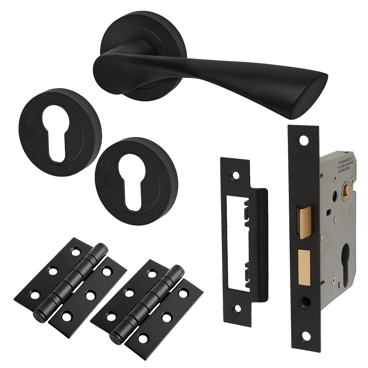 Matt Black Euro Lock Door Handle on Rose Pack - Knightsbridge Range