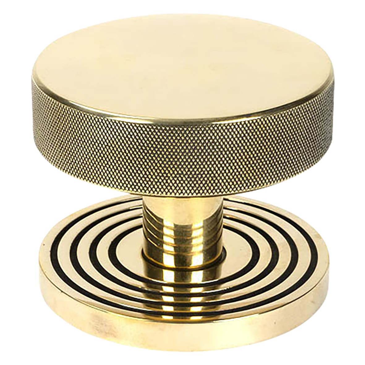 Brompton Aged Brass Round Knurled Centre Door Knob on Beehive Rose - 90mm Rose Diameter