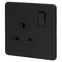 13A 1 Gang Screwless Flat Plate DP Switched Socket - Matt Black with Black Insert