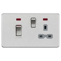45A 2 Gang DP Cooker Switch & 13A Switched Socket with Neon - Brushed Chrome/Grey