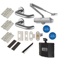 Light Duty Latch Door Handle on Rose Fire Door Kit & Dorgard Holder - Power Size 3 - Silver
