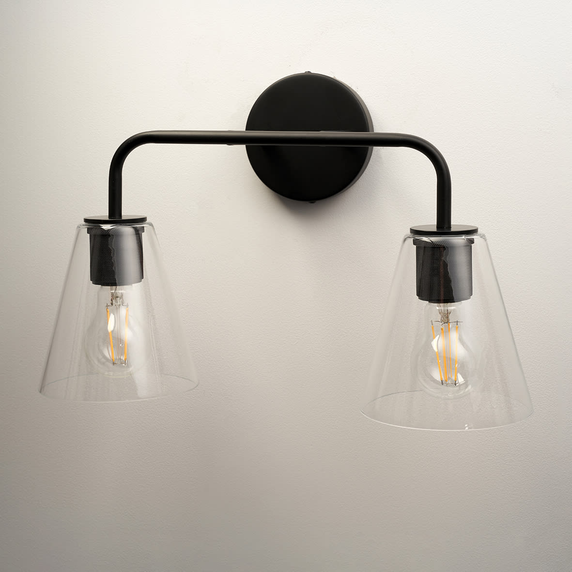 Sabana Knurled 2 Light Indoor Wall Light - Matt Black Fittings & Hooded Clear Glass Shades